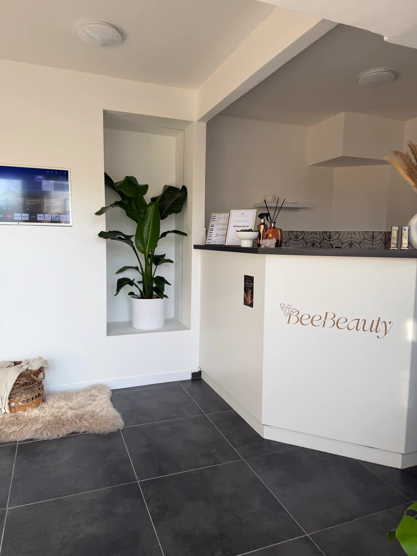 Recepční pult s logem BeeBeauty, certifikáty, difuzérem a zelenou rostlinou